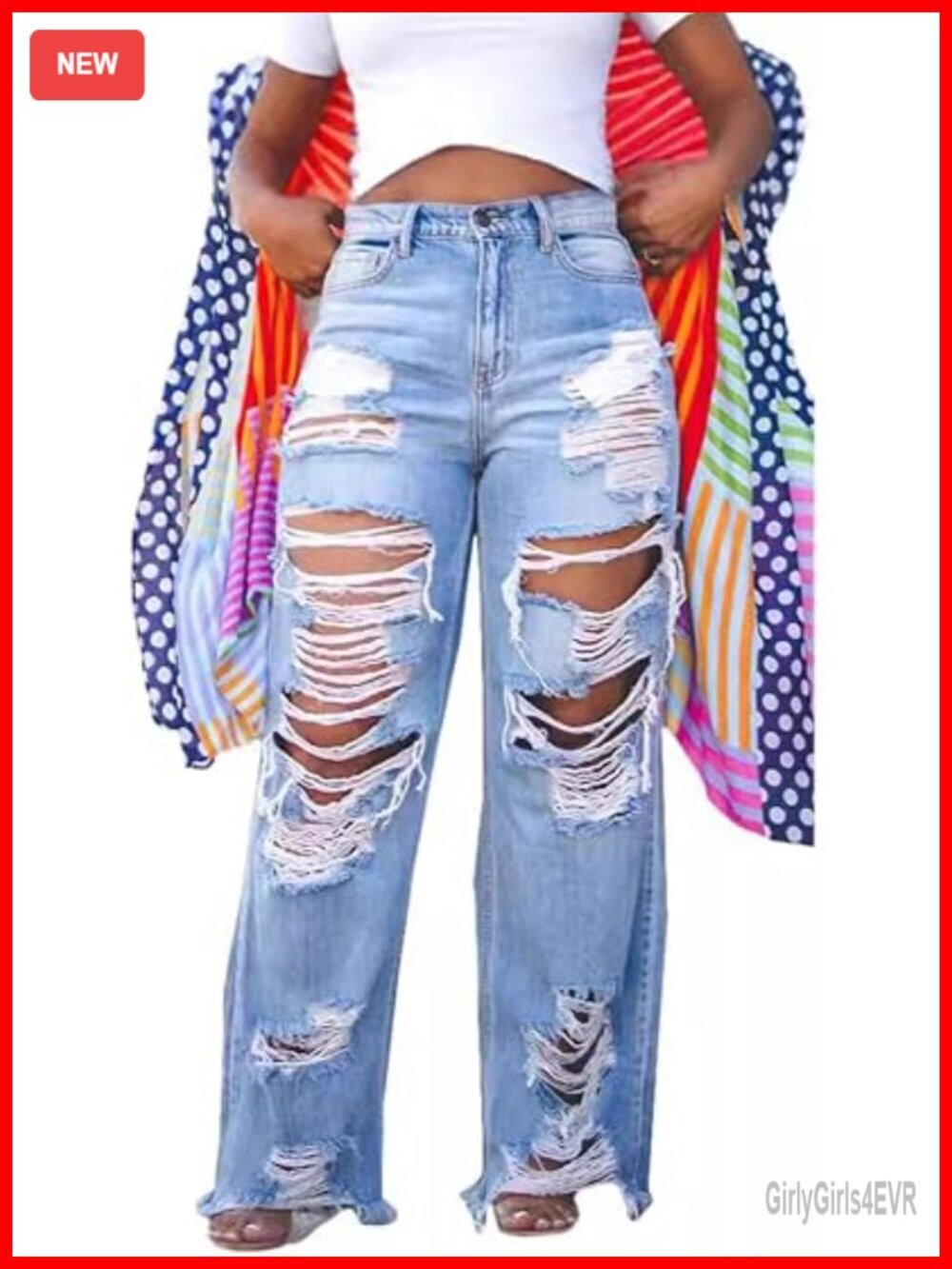 Ripped High Waist Straight Wide Leg Jeans with Cut Out Destoryed Frayed Tassel